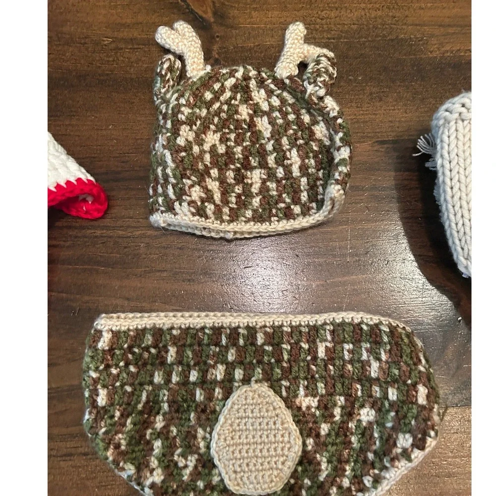 Crochet Knit Baby Bundle Deer Set Diaper‎ Covers Beanie Cookie Monster Homemade
